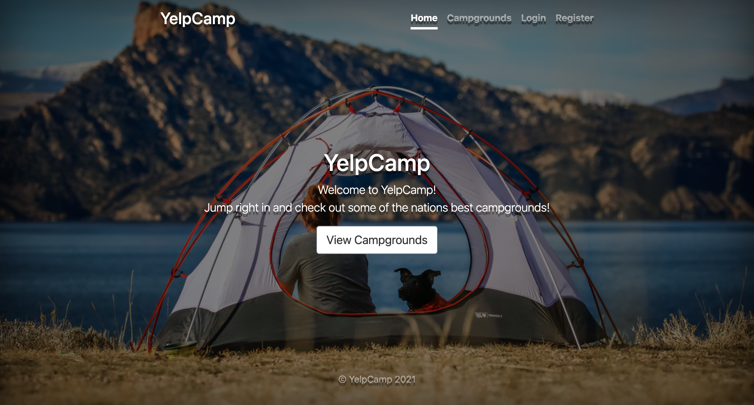 Screen shot of the home screen of Yelp camp. Login or register and start viewing campgrounds.